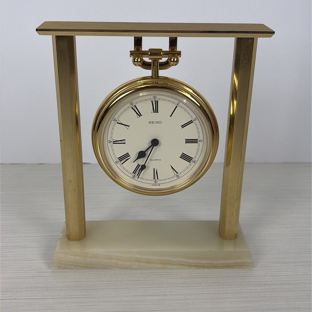 Vintage Seiko QZ 121 G Quartz Desk Clock Brass and Marble Stand Made in Japan